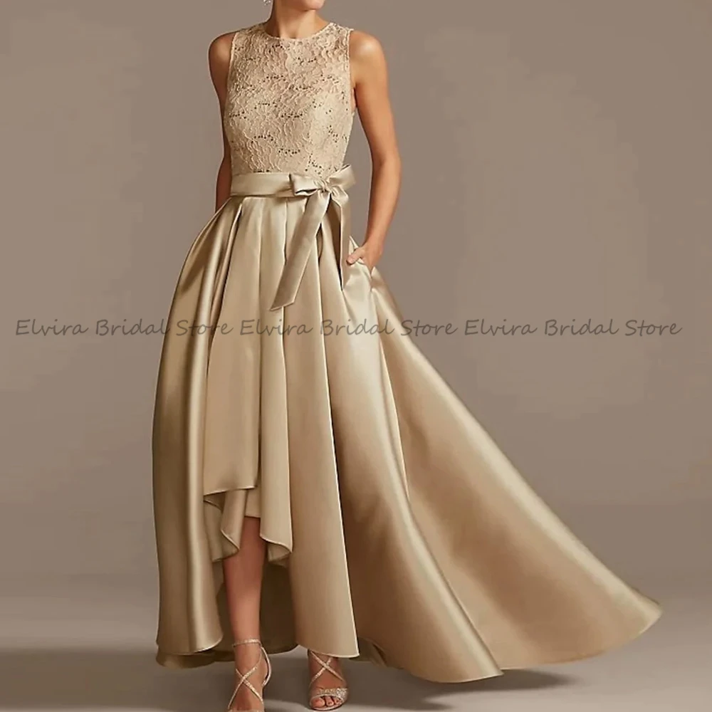 

Fashion Hi-Lo Satin Mother of the Bride Dresses A-Line 2023 Sequins Applique Lace Sweep Train Sleeveless Jewel Zipper Back Bow