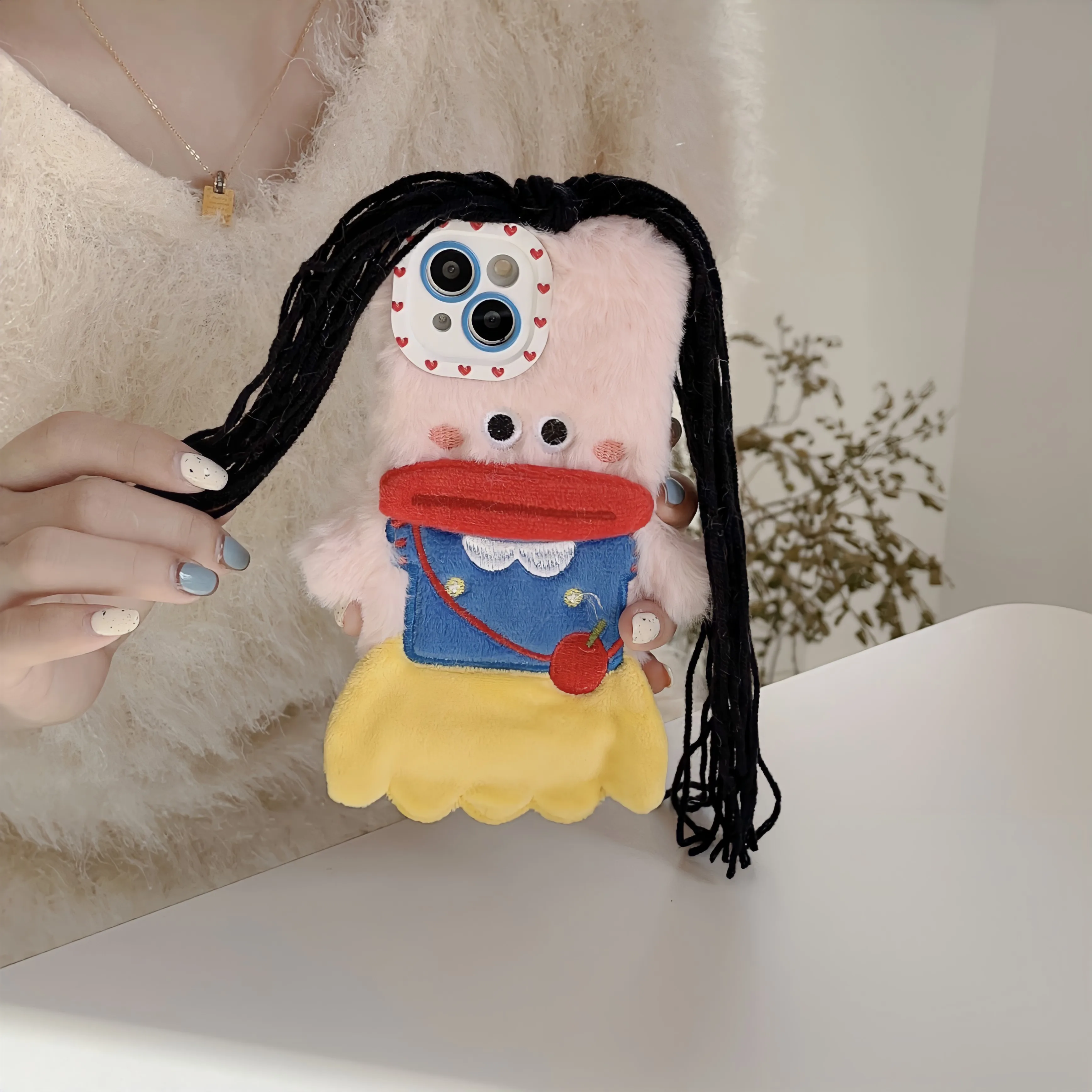 Cute and Funny Long Hair Princess Snow Autumn and Winter Phone Case for iPhone 14 13 12 11 Pro Max Plus Xr Xs Plush Back Cover