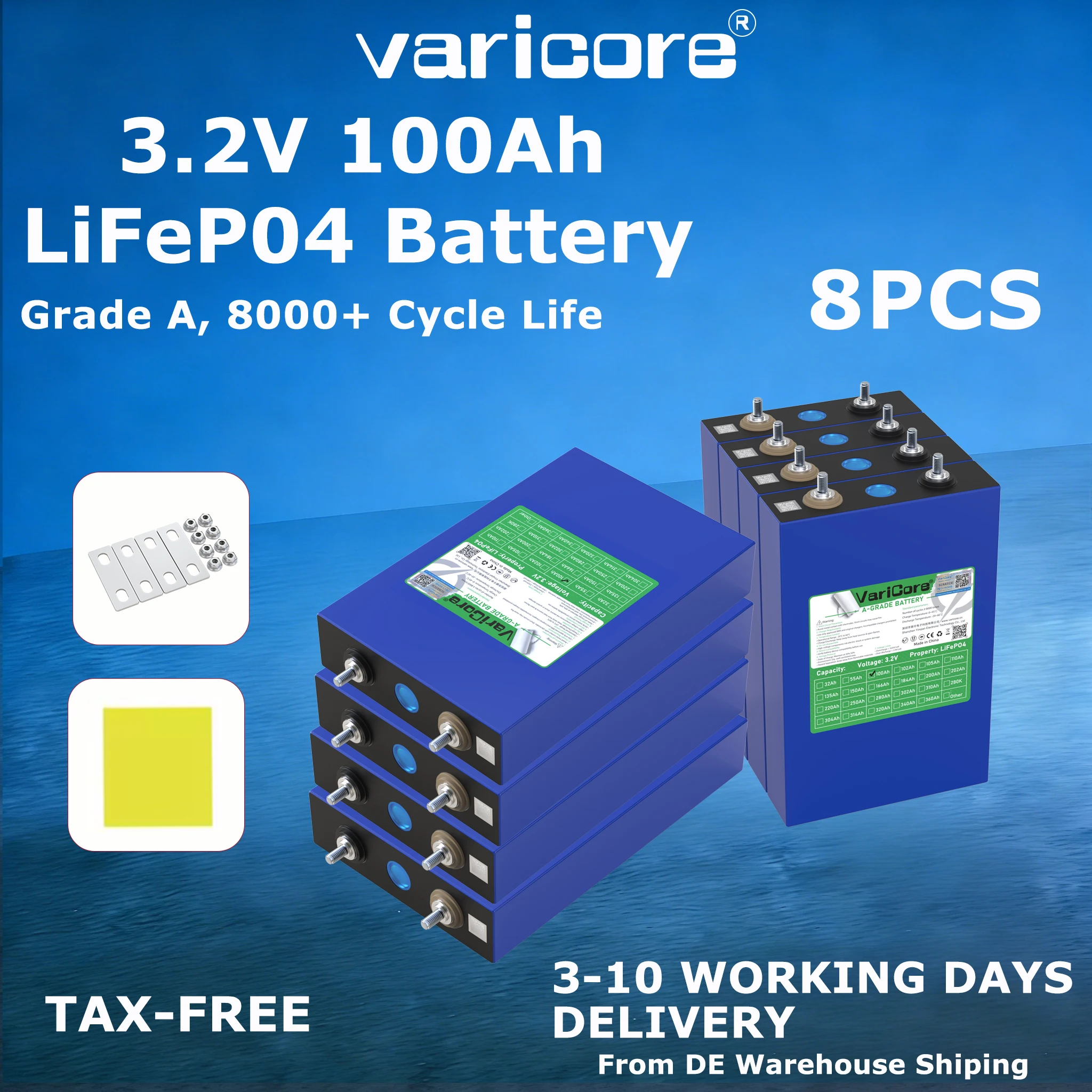 Batterie rechargeable Varicore A-Grade 100Ah 8000 cycles LiFePO4 3.2V, adaptée pour les projets DIY 12V 24V 48V, caravane, marine, énergie solaire.