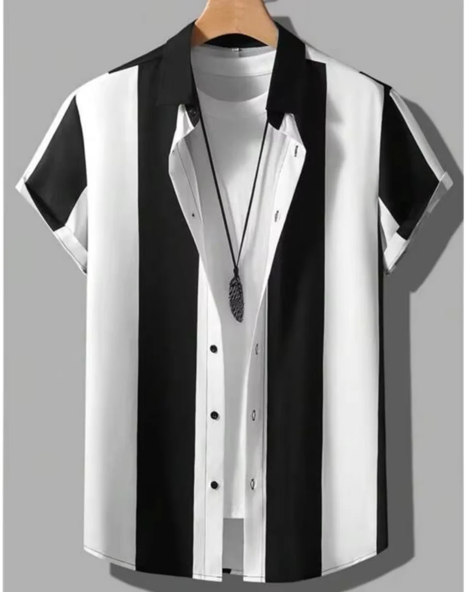 Простая полосатая мужская рубашка с 3D принтом, мужская и женская повседневная модная рубашка с короткими рукавами, уличная одежда на пуговицах с лацканами, одежда унисекс большого размера
