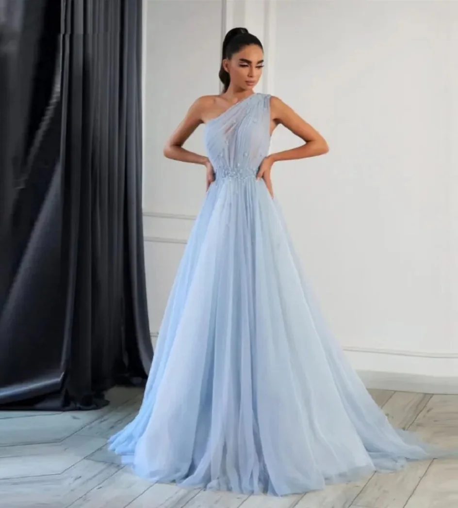 Luxury Sky Blue One Shoulder Tulle Evening Dresses for Women Wedding Party Gowns Prom A-line 2024 Sky Blue Prom Dress Vestidos