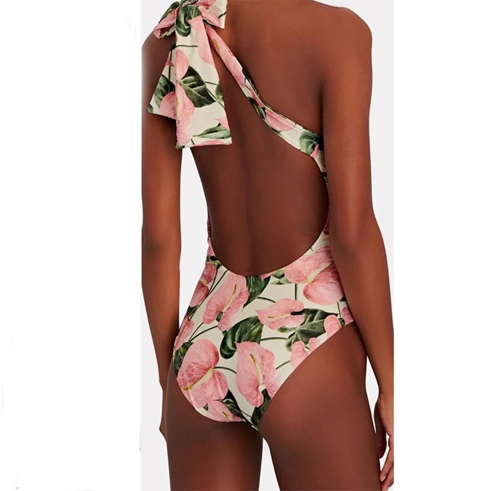 Women Fashion Colorblock Holiday Beach Dress Asymmetrical Swimwear Printed Petal Trim One Piece Swimsuits and Cover-Ups