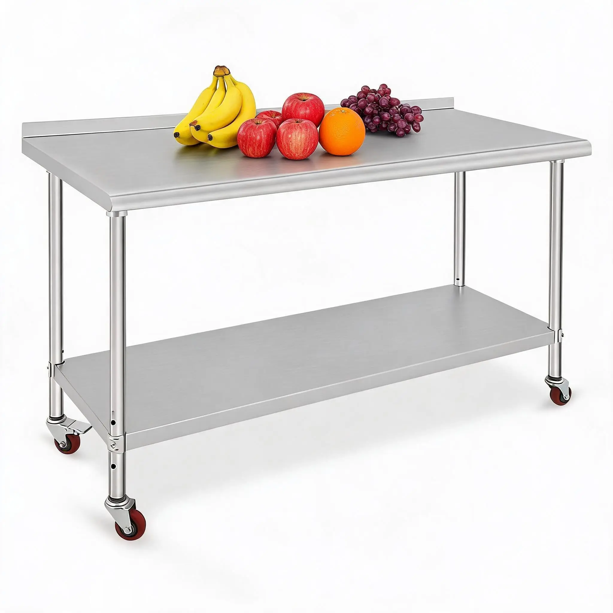 Mesa de trabajo de acero inoxidable, 152×61×89 cm, con ruedas y protector contra salpicaduras, de alta resistencia para uso comercial y en cocinas.