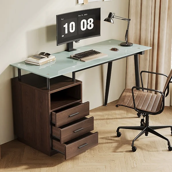 Bureau Droit avec 3 Tiroirs et 1 Niche Ouverte, Plateau en Verre Trempé, en MDF et Métal, Brun 130 × 50 × 75 cm
