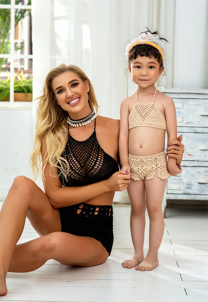 2PCS Knit Bikini Set Women Sexy Hollow Halter Crop Top and High Waist Swimsuit Shorts Bottom Brazilian Female Crochet Beachwear