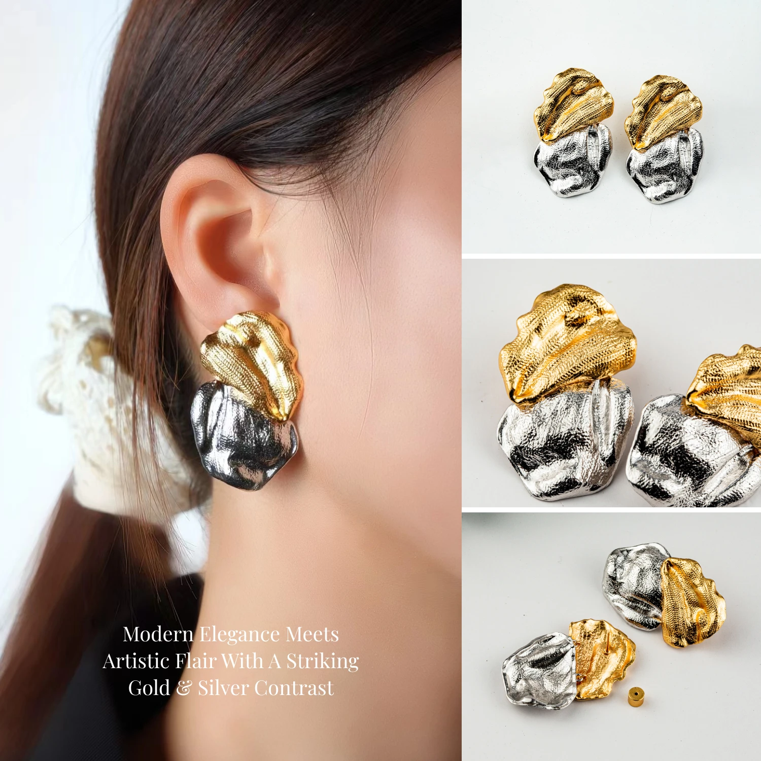 YAJUNIEL Two-Tone Sculpted Texture Stud Earrings 24K Gold & White Gold Plated Hypoallergenic Brass Abstract Earrings for Women