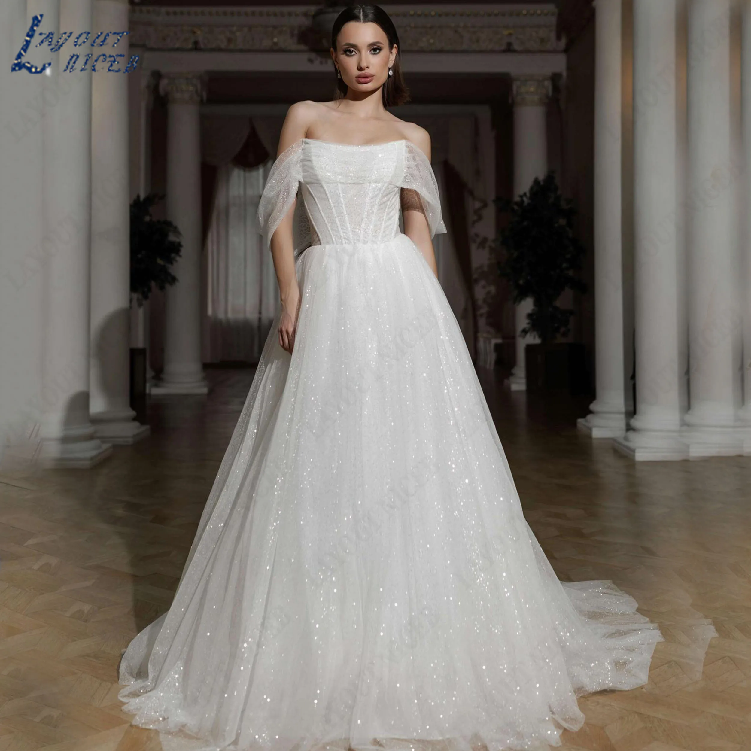 LAYOUT NICEB Customized Off Shoulder Backless Ball Gown 2026 Wedding Dresses Bride Glitter Tulle Bridal Dresses For Woman