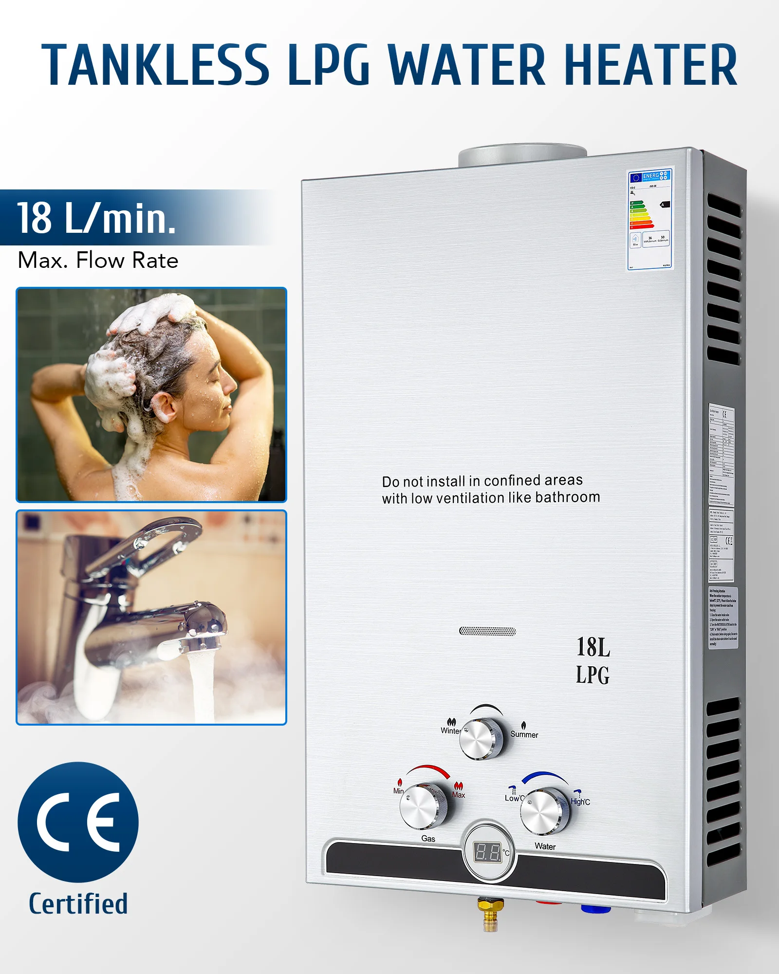 سخان الماء الساخن بالغاز سعة 18 لتر بدون خزان من البروبان للاستحمام الفوري بشاشة رقمية #1