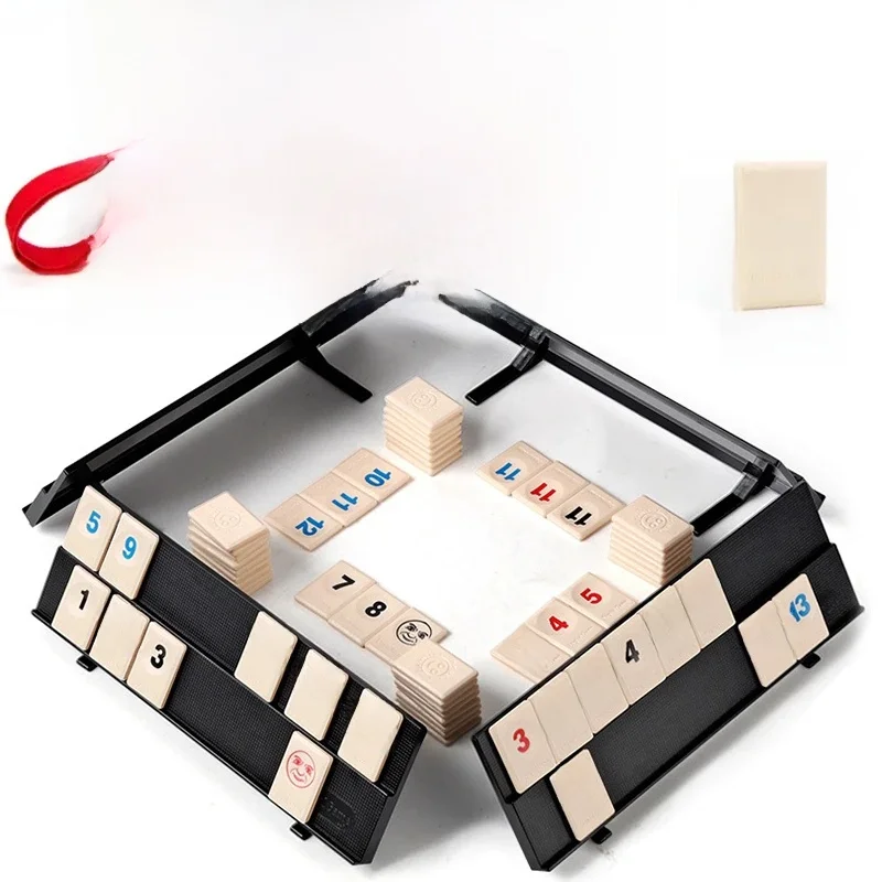 Gra Rummy Cube z 4 stojakami, 106 Zestaw do gry Rummy Cube z przenośnym etui, zestaw podróżny z płytkami Rummy do klasycznych rodzinnych gier planszowych — zdjęcie 2