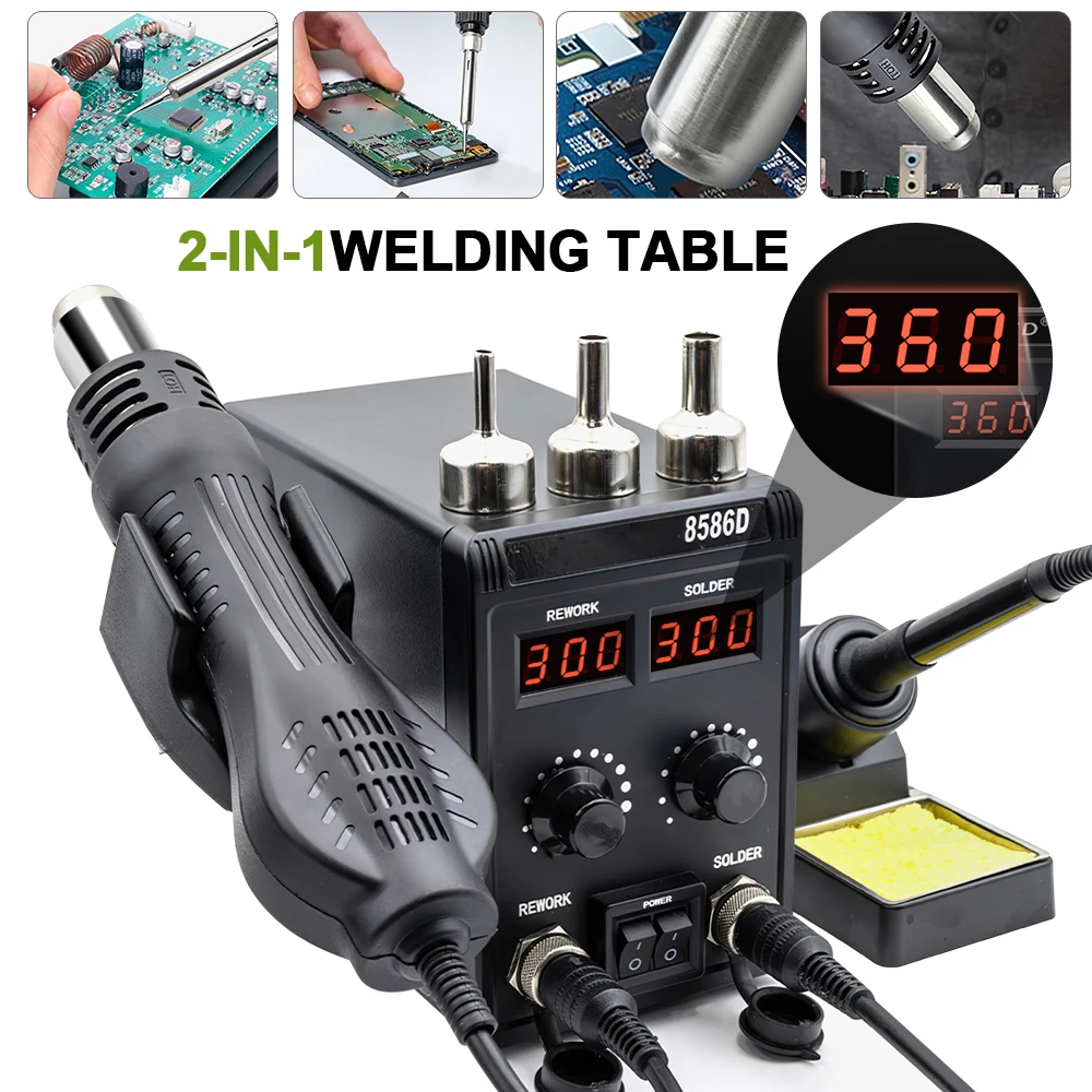 2-in-1 Lötstation, Digitale Heißluft-Reparaturpistole & Lötkolben mit 10-Minuten-Auto-Sleep-Funktion, ±1 ° C-Temp-Kontrolle, ESD-sicher für die Reparatur von Telefon-PCBs, SMD- und BGA-Komponenten