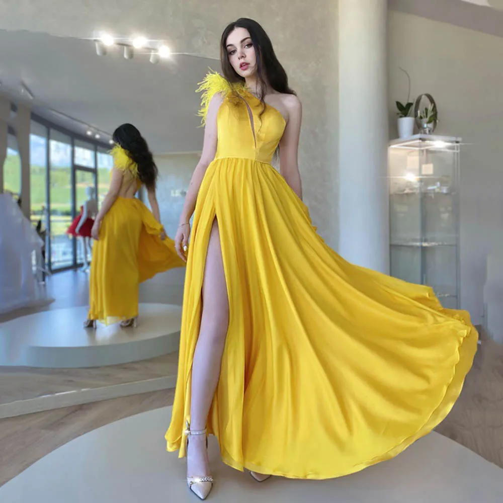 Yellow One Shoulder Prom Dresses Feather High Slit A Line Evening Dresses Open Back Strappy Formal Party Dress Customized