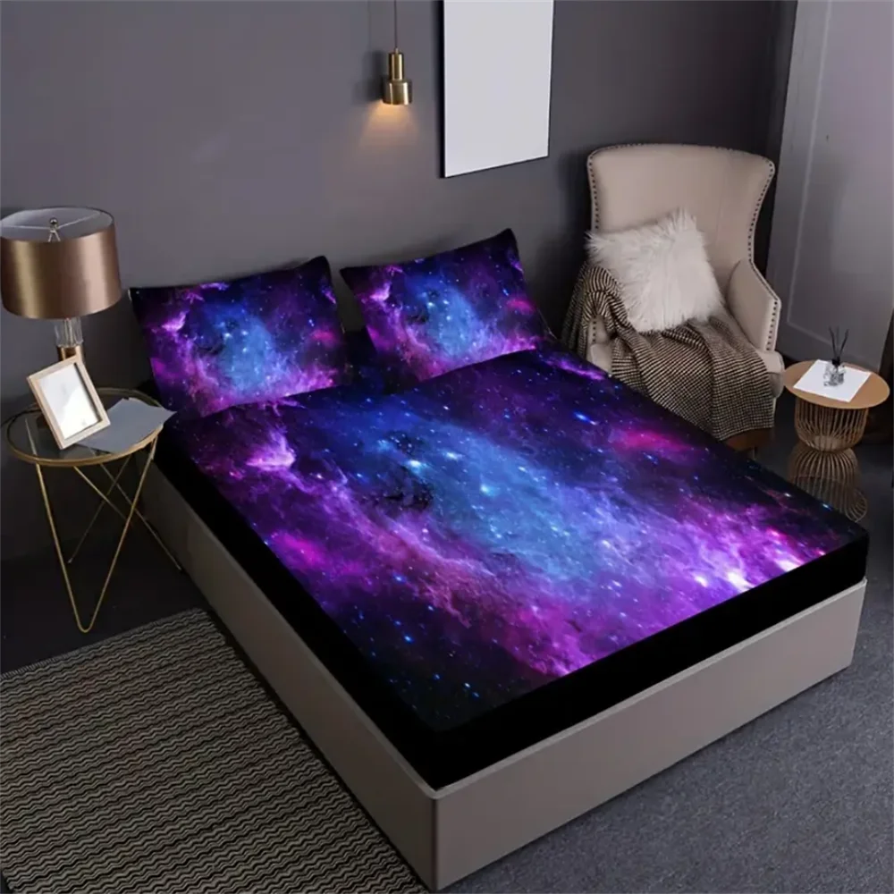 2/3pcs Vibrant Purple Galaxy Space Star Aviation Nebula Fitted Sheet Set - Soft, Breathable, Comfortable, Deep Pocket Mattress