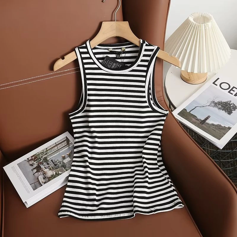 

Dave&Di 2024 Summer Tank Tshirts Women Tops Vintage Striped Rib Slim Sleeveless