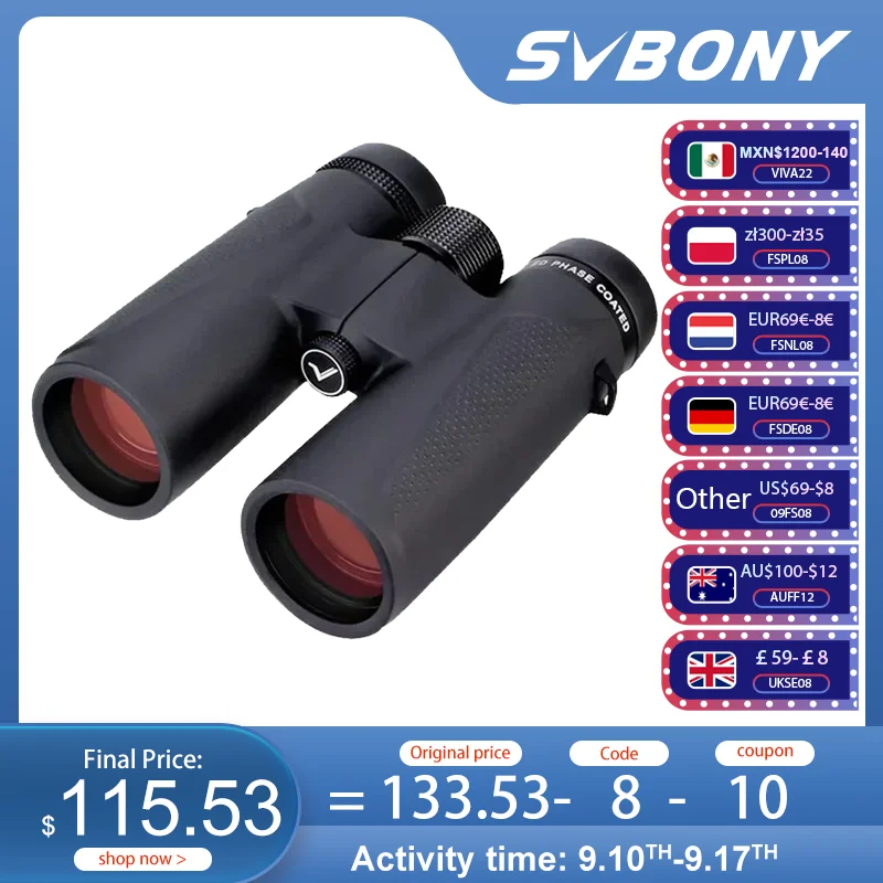 

SVBONY SV202 8X32/8x42/10x42 ED бинокль дальнего действия, IPX7 водонепроницаемый BAK4, наблюдение за птицами, звезда, кемпинг, путешествия, экономия