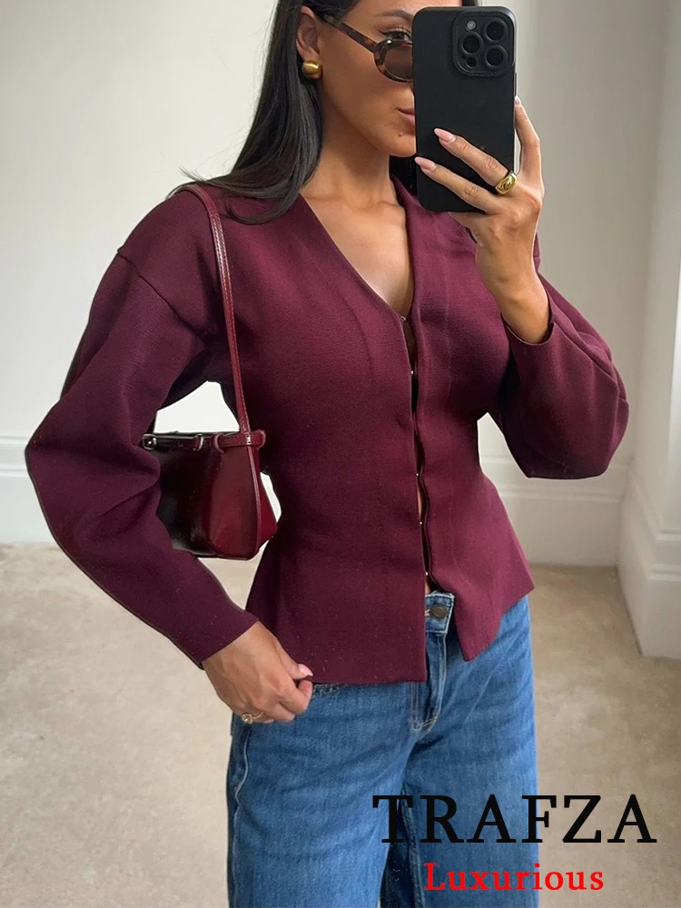 TRAFZA Vintage Chic Claret Women Knit Suit V-Neck Long Sleeve Loose Cardigans Sheath Mini Skirt Fashion 2024 Autumn Winter Suit