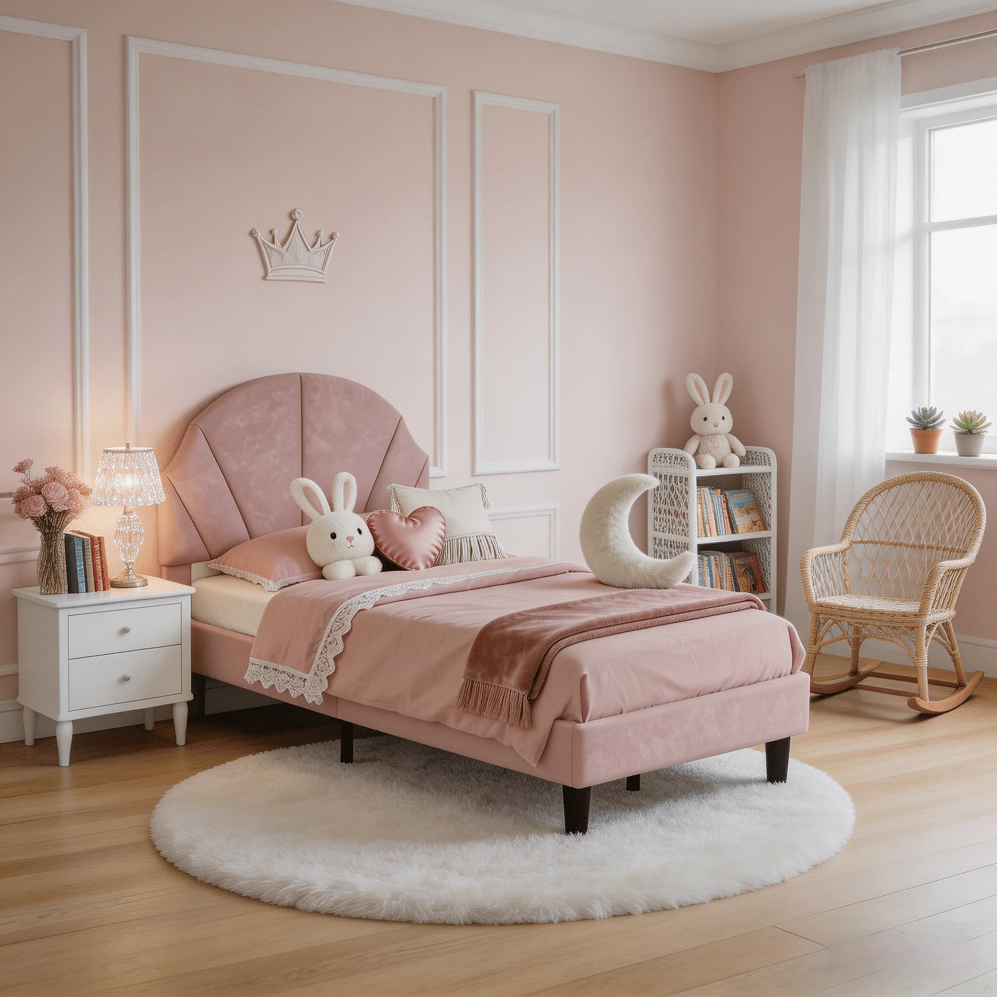 Cama infantil de 90x200 cm con cabecero ajustable, cama de niña con somier de láminas, cama individual tapizada para adolescentes, cama de terciopelo suave con cabecero de concha, colchón no incluido.