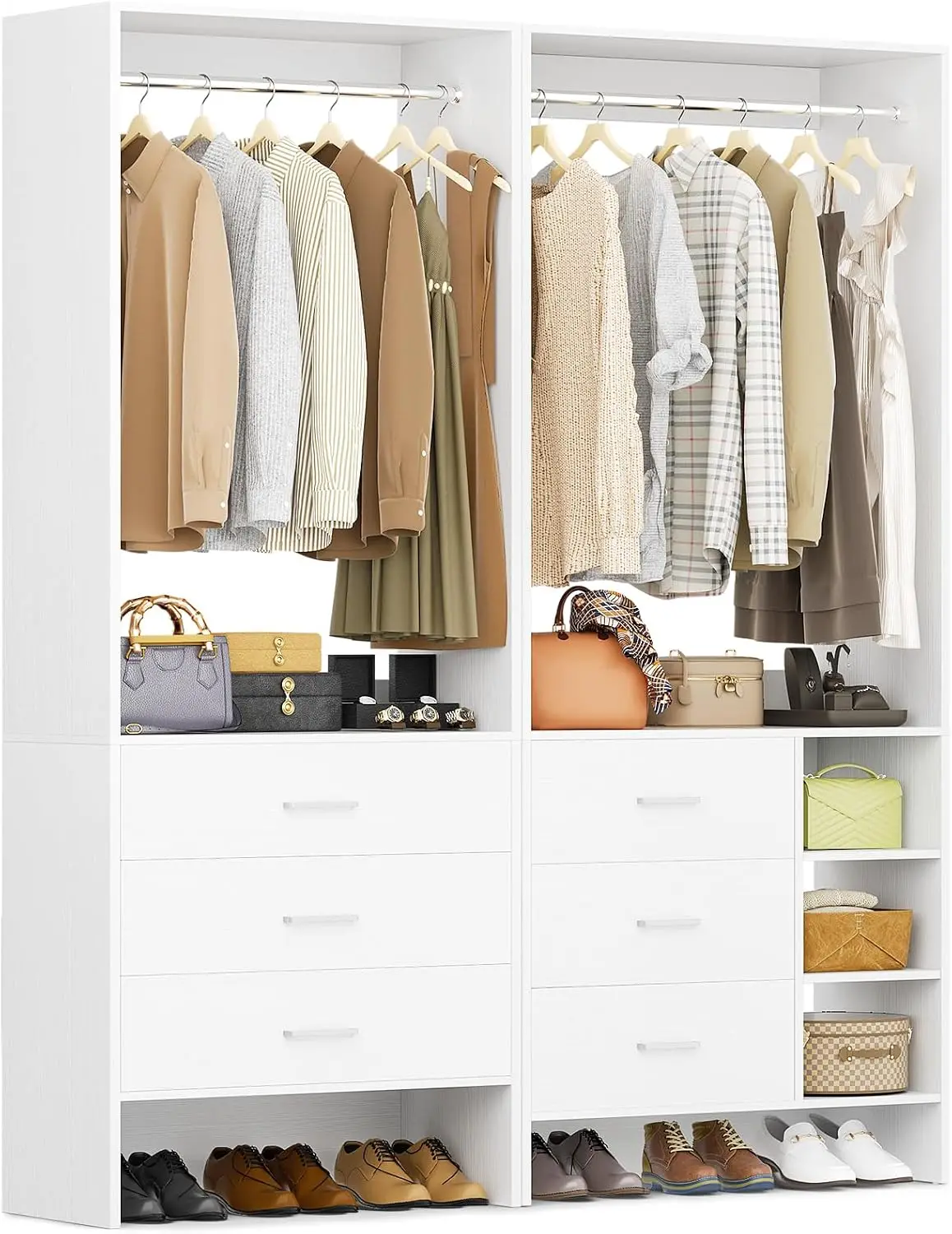 Closet System with 6 Drawers, 4.3ft, Set of 2, White Wood Closet Organizer System, Walk-in Closet or Small Closets Wardrobe, Clothes Rack with Hanging Rods, Set of 2