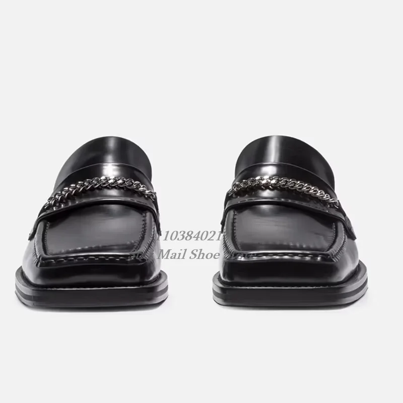 Luxurious Black Patent Leather Half Loafers for Men Casual Shoelaces Metal Button Chains Summer Square Toe Slippers Mule Shoes