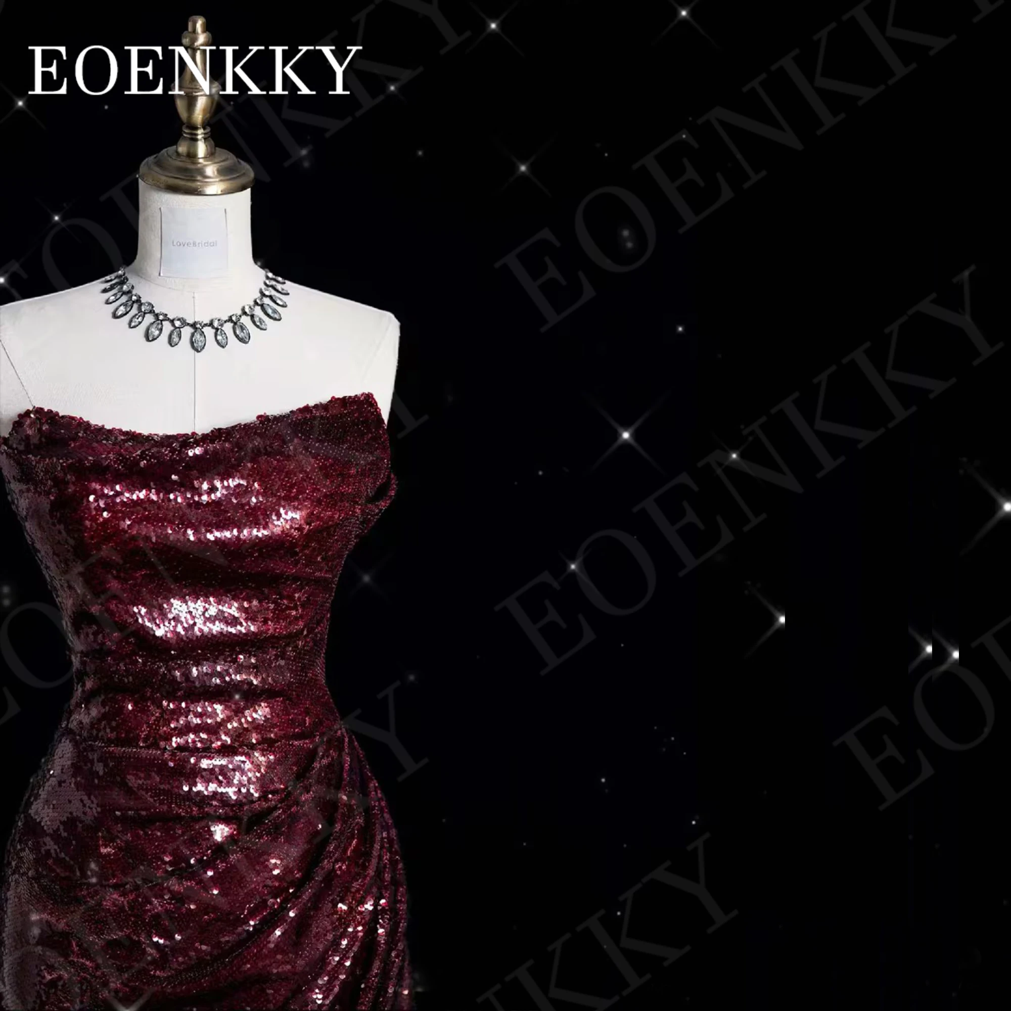 Burgundy Mermaid Evening Dresses 2024 Strapless robes de soirée Scoop Neck Sequin Slit Wedding Party Dress Floor Length Backless