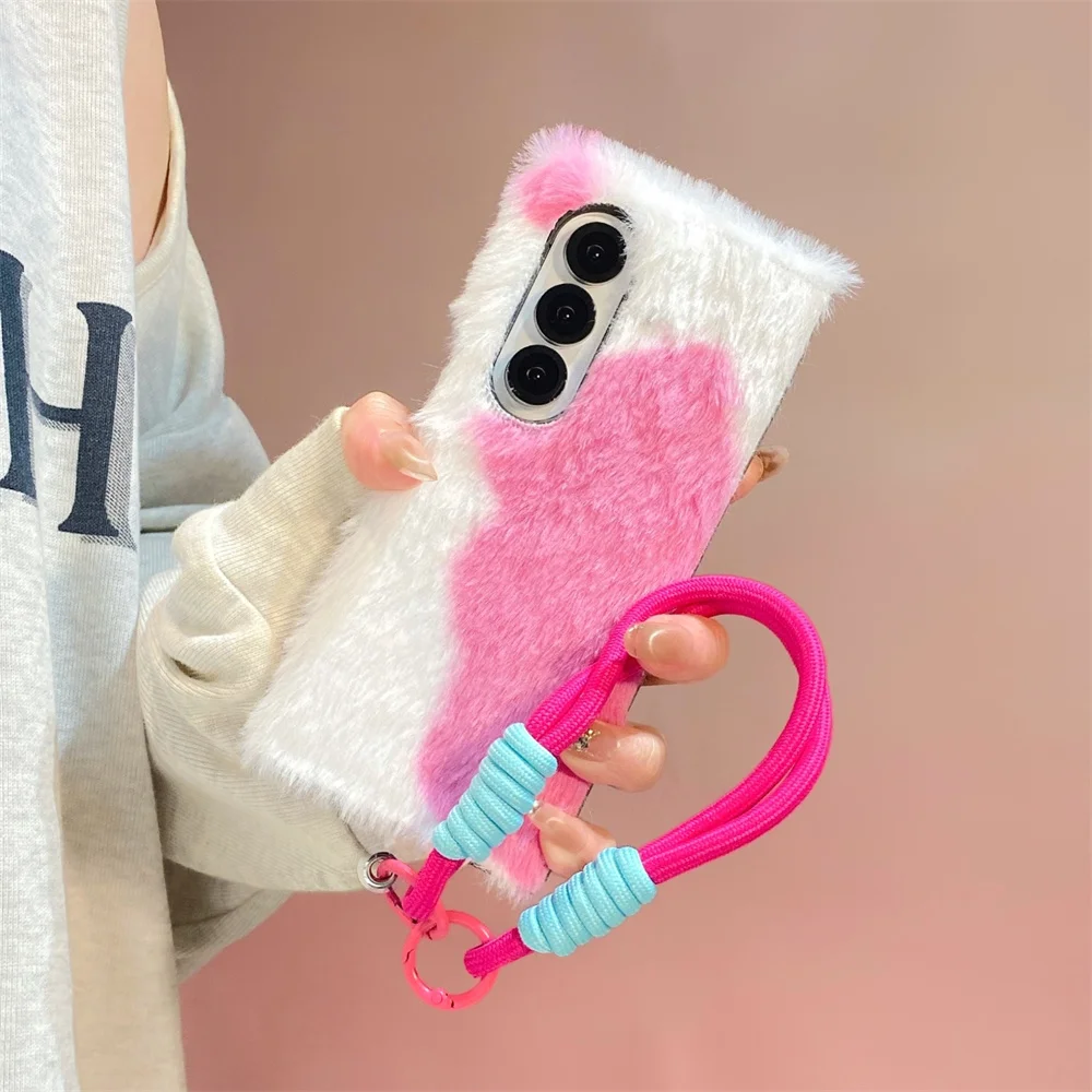 

Cute Warm Fluffy Plush Phone Case for Samsung Galaxy Z Fold8 7 Fold7 6 Fold5 4 3 Fold 6 Cover With Chain Furry shockproof cover