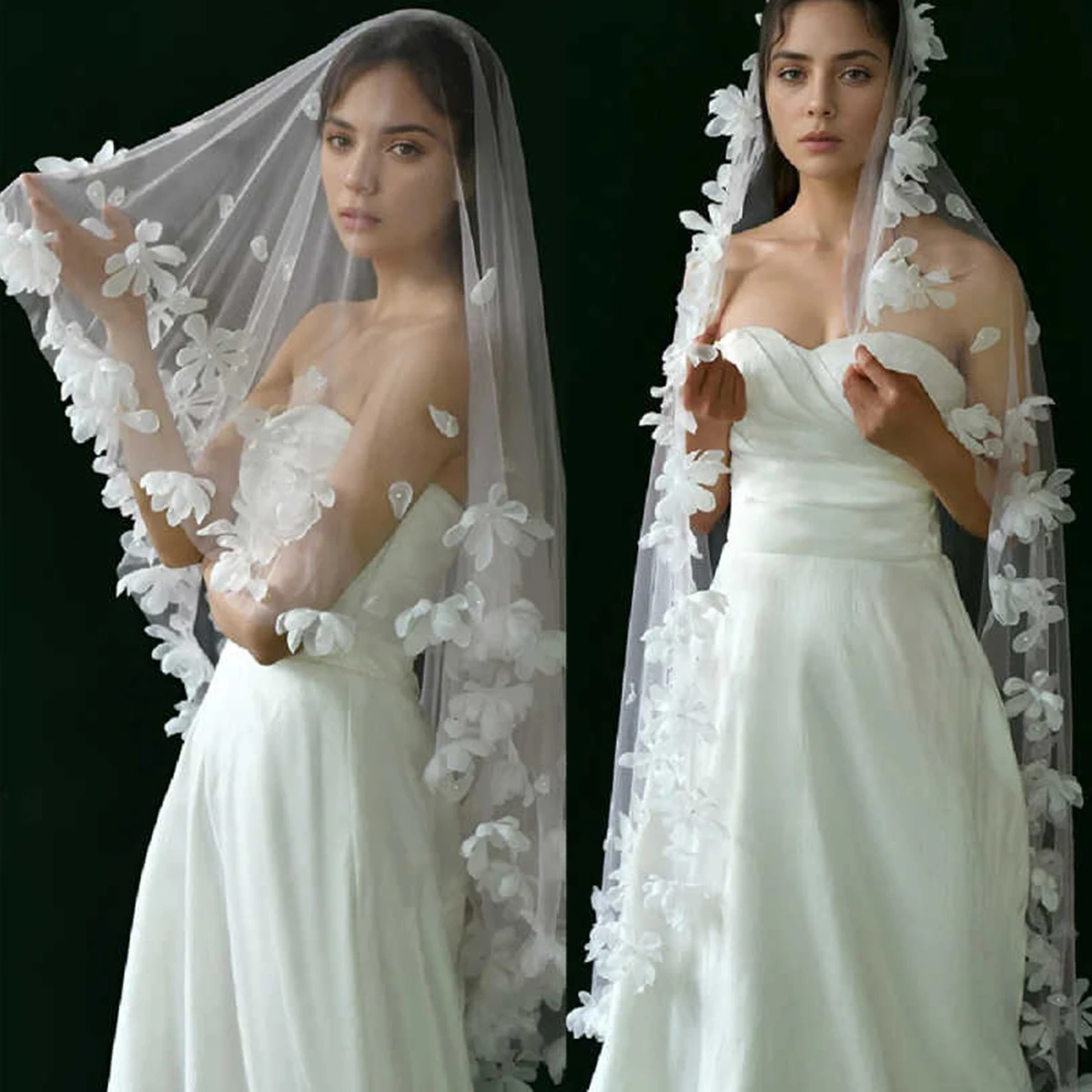 

Роскошный соборный шлейф с цветочным 3D цветами, свадебная фата, мягкий тюль, свадебная фата с расческой по индивидуальному заказу