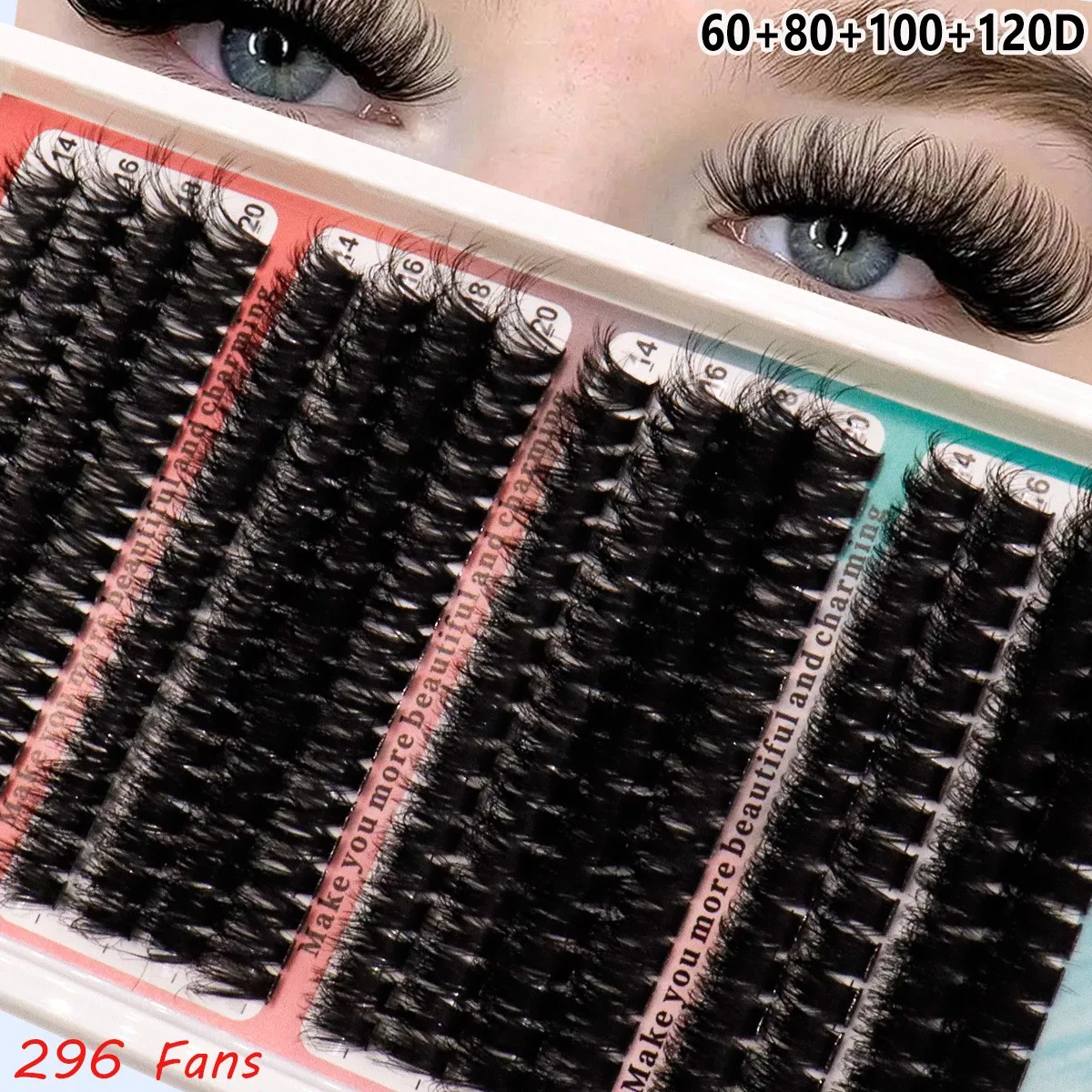 4 secciones 16 filas 60D-200D pestañas peludas segmentadas DIY de gran capacidad 14-20mm mezcla de pestañas postizas