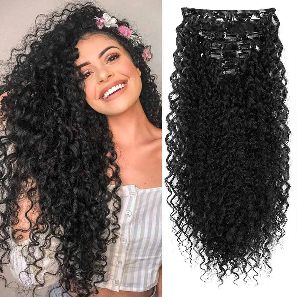 

6-piece curling clip hair extensions, 24-inch long synthetic wave hair extensions, invisible and soft, suitable for women.
