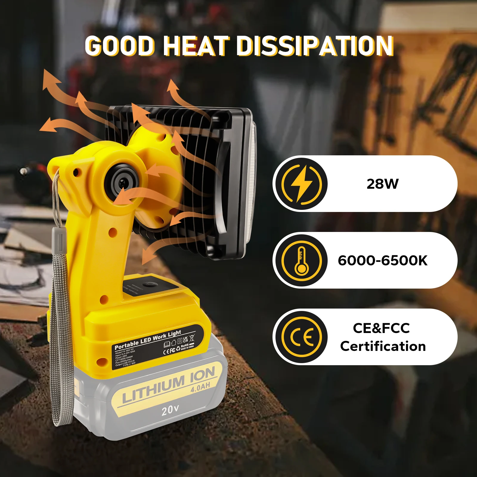 5inch 28W LED Working Lamp Light Flashlight Torch Spotlight Type-C USB Power Bank for Dewalt 20V Li-ion Battery (No Battery)