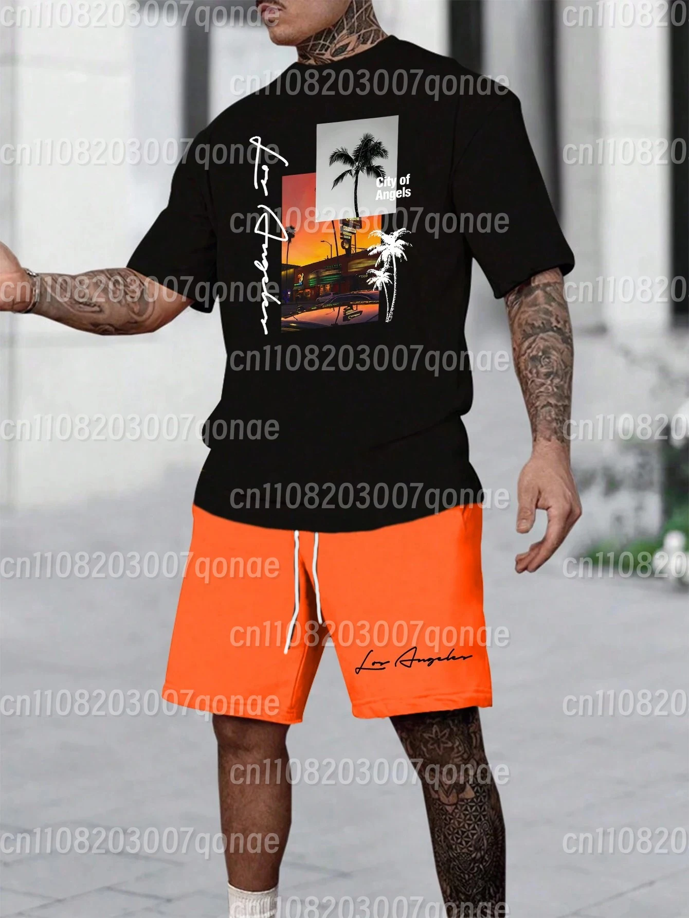 Summer Men Sportswear Striped Letter Short-Sleeve T-Shirt Set Two-Piece Outdoor Travel Apparel Relaxed-Fit Shorts Training Wear