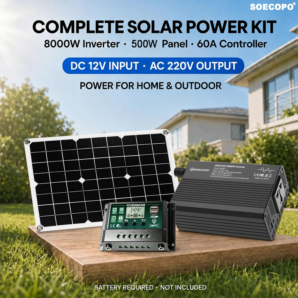SOECOPO 800W Rated Output 8000W Version Off Grid Solar System DC12V to AC220V Inverter Solar Panel MPPT Controller PD36W QC18W