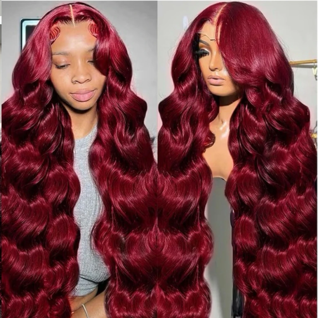 

30 40 дюймов 99j Бордовый парик из натуральных волос с объемной волной 13x6 Hd Кружевной фронтальный парик из 100% человеческих волос Парик из натуральных волос с кружевной передней частью Предварительно выщипанный парик Плотность 250