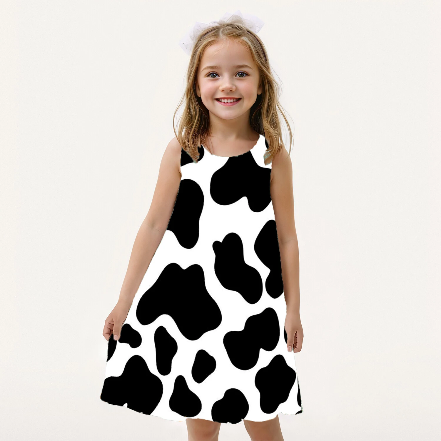 Summer Cute Girl Milk Cow Print Dress Sleeveless Round Neck Fun Princess Dress Fashionable Casual Loose Comfortable Dress