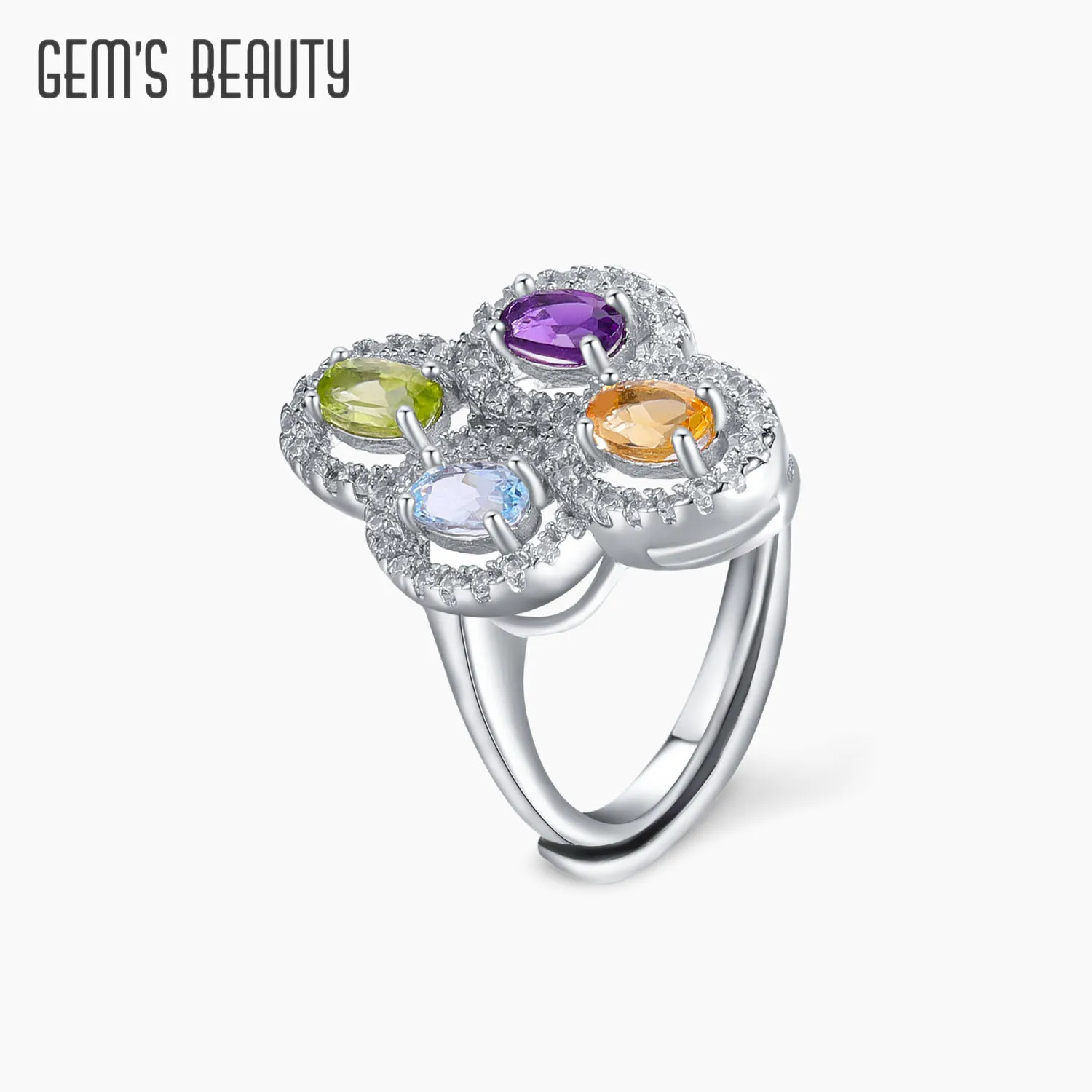 

GEM'S BEAUTY Multicolor Natural Gemstone Statement Ring Sterling Silver Amethyst Peridot Topaz Flower Adjustable Ring For Women