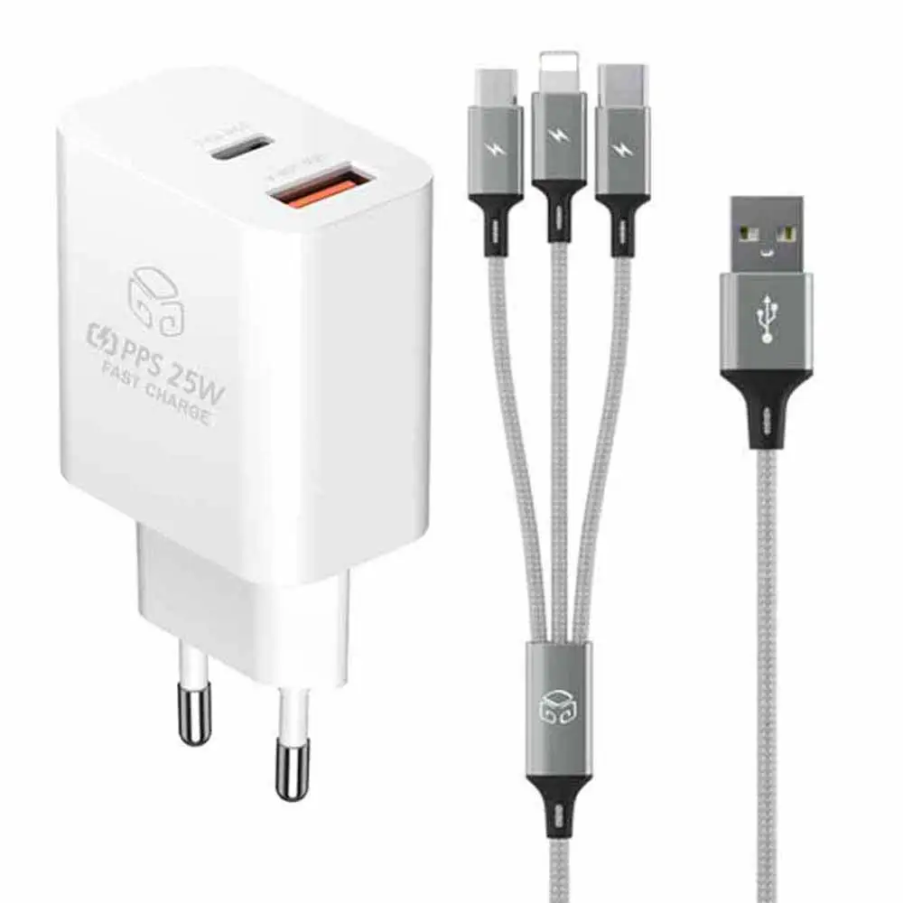 Digital support 25W PD 3.0 PPS 2 port super fast charger + 3in1 multi fast charging cable