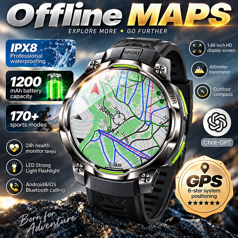 New GPS Outdoor Offline Map Smart Watch Men IPX8 Waterproof 170+ Sport Compass Altimeter Bluetooth Call AMOLED Screen Smartwatch