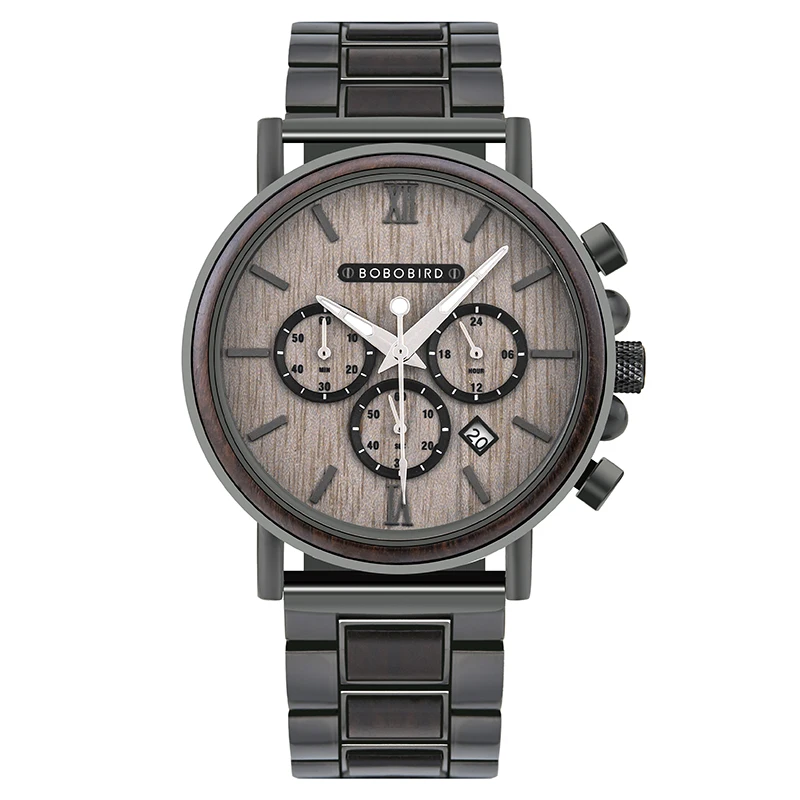 BOBO BIRD Luxury Stainless Steel Wood Watch Men Stylish Timepieces Chronograph Waterproof Watches Valentine' Days Gifts for Him