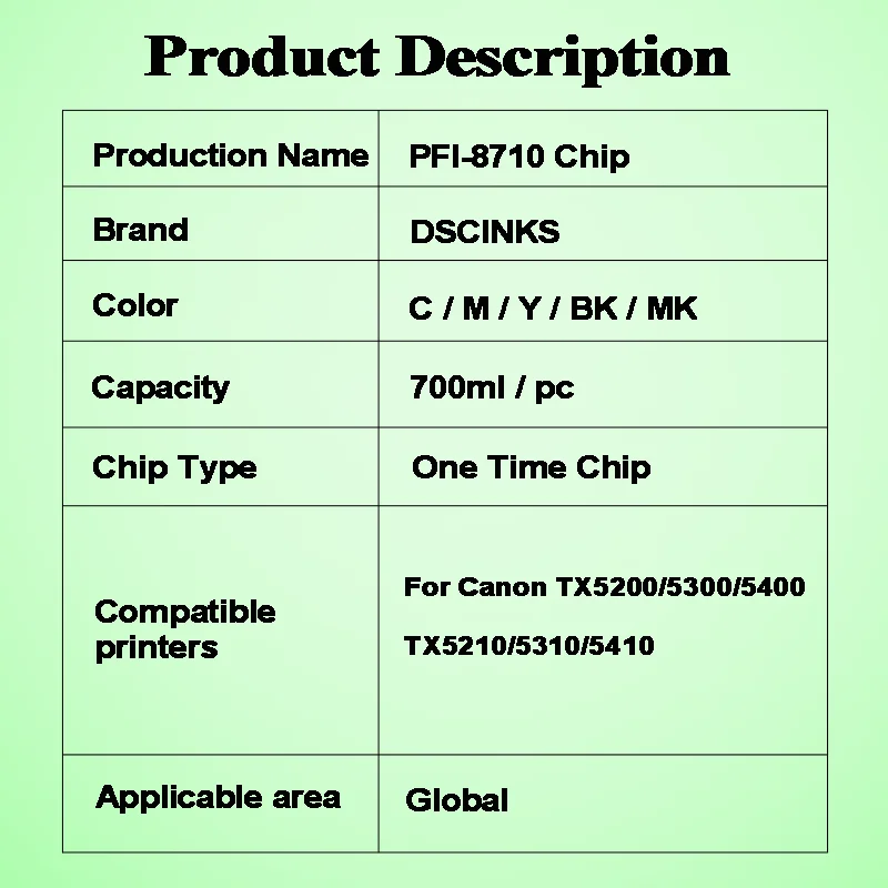 PFI-8710 PFI8710 PFI 8710 Chip One Time For Canon TX5200 5300 5400 TX5210 5310 5410 Printer 100% Work