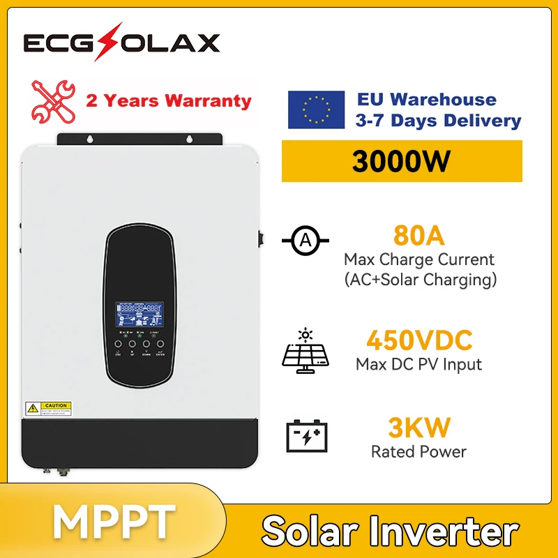 ECGSOLAX Hybrid Solar Inverter 3000W 24V Inverter Off Grid Built in 80A MPPT Controller Pure Sine Wave Max PV 450VDC with wifi