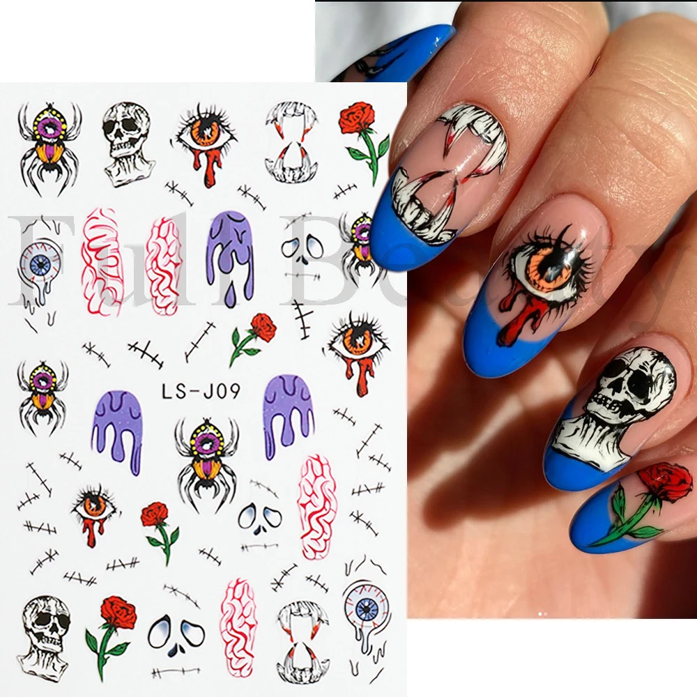 3D Halloween Nail Stickers Ghost Horror Decor Cartoon Skull Sliders Evil Pumpkin Eyes Rose Spiders Wed Decal Manicure NLLS-J08