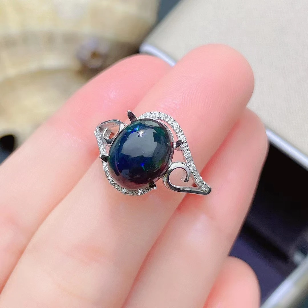 Fine Jewelry 925 Sterling Silver Natural Black Opal Gemstone Women's Ring Birthday Party Lover Girl Marry Gift Commemorate New