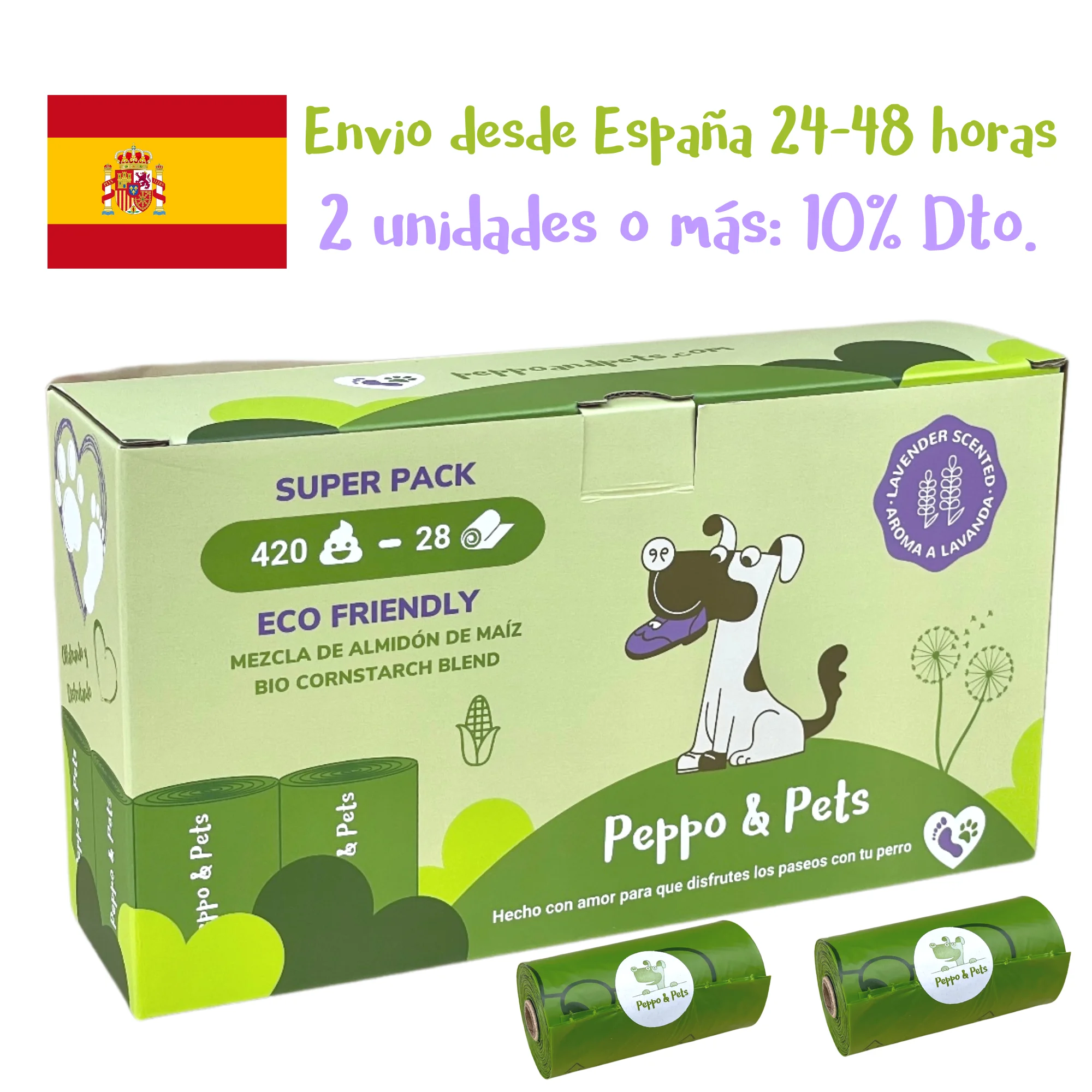 Pepo and Pets-corn starch mix dog poop bags-lavender Aroma-very resistant-opaque-leak proof