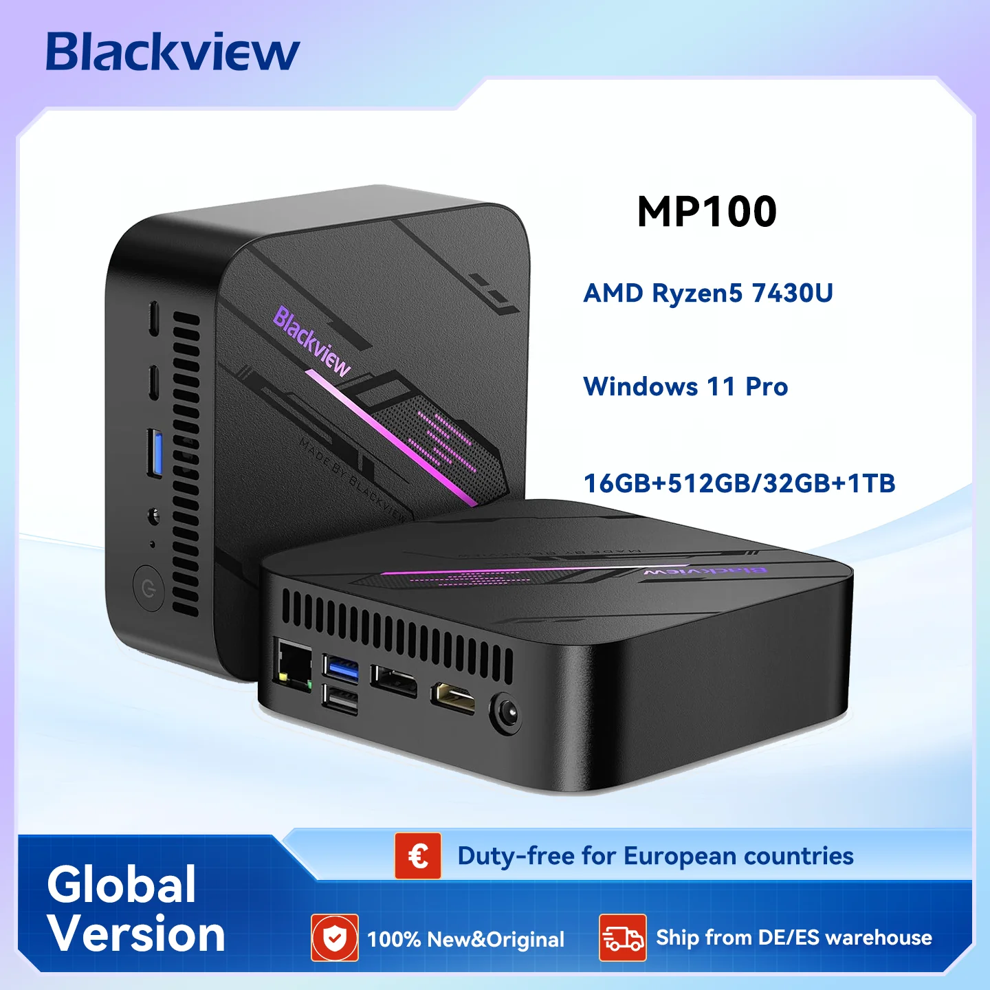 Blackview MP100 mini-pc AMD Ryzen 5 7430U 16 GB RAM 512 GB SSD, minicomputer met WiFi 6/BT 5.2/4K drievoudig display