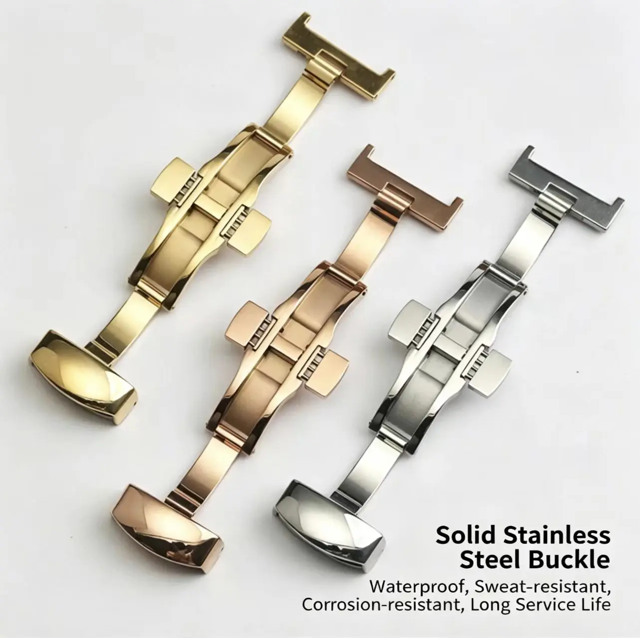 Picture 6: Universal stainless steel double-push butterfly clasp (4-pin) for leather watch straps (vacuum plated; 12mm, 16mm, 18mm)