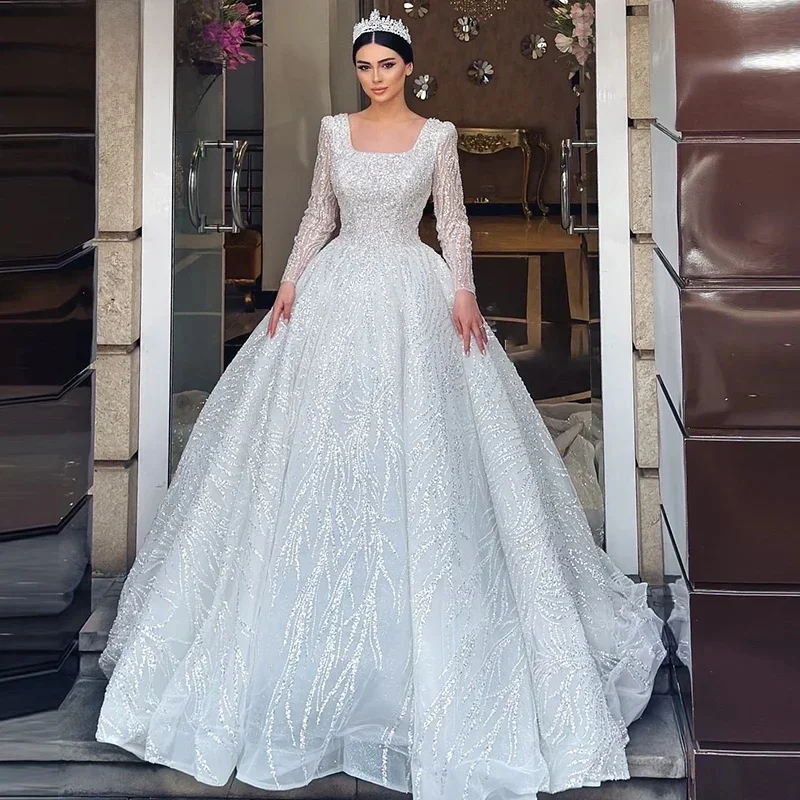 Trouwjurk met borduurwerk vierkante kraag pailletten prinses baljurk lange mouw rugloze vetersluiting op maat vestido de novia - afbeelding 2