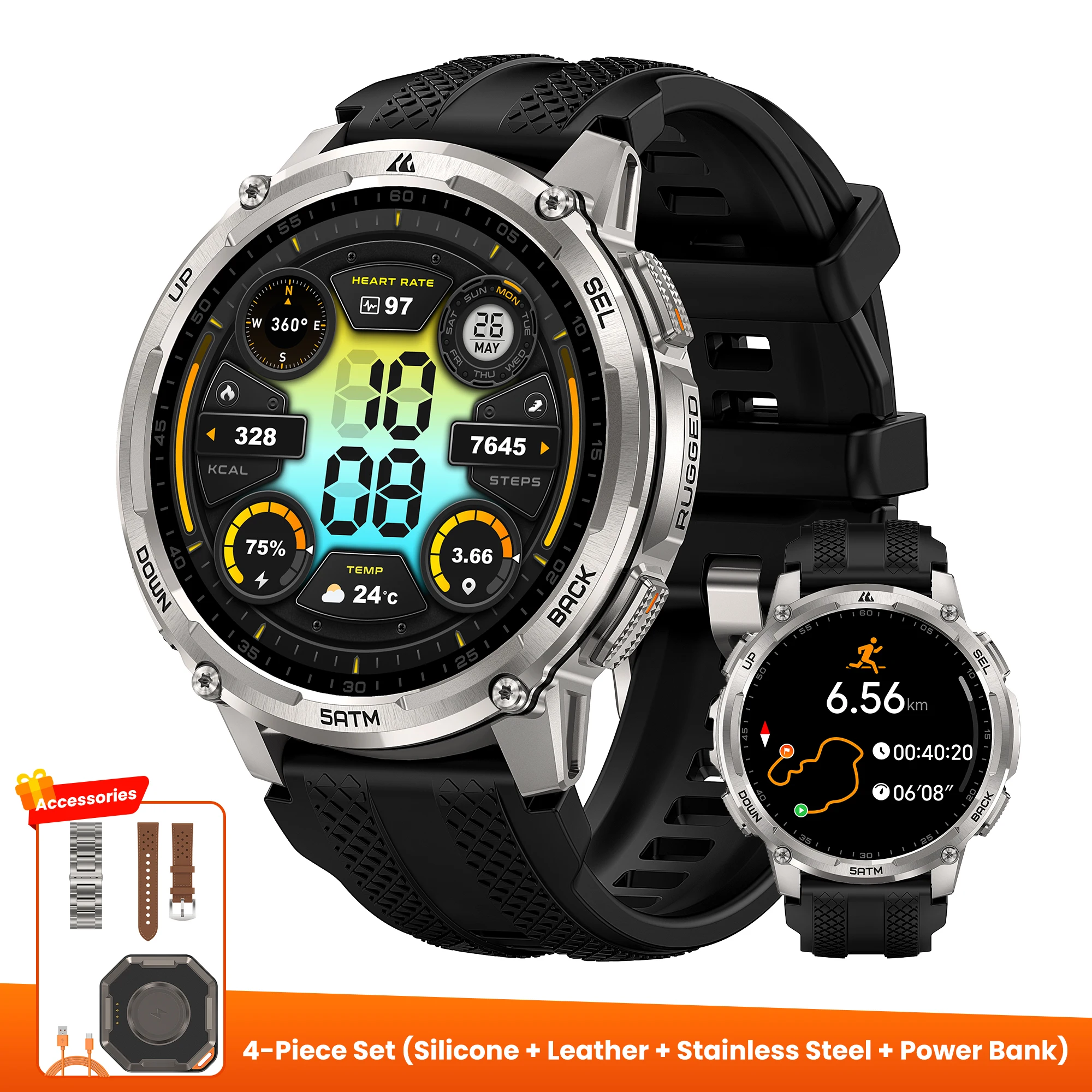 NEW LAUNCH-KOSPET TANK T4C Outdoor Smartwatch for Men Men’s Outdoor Rugged Watch with Flashlight Dual‑Band GPS 50M Waterproof