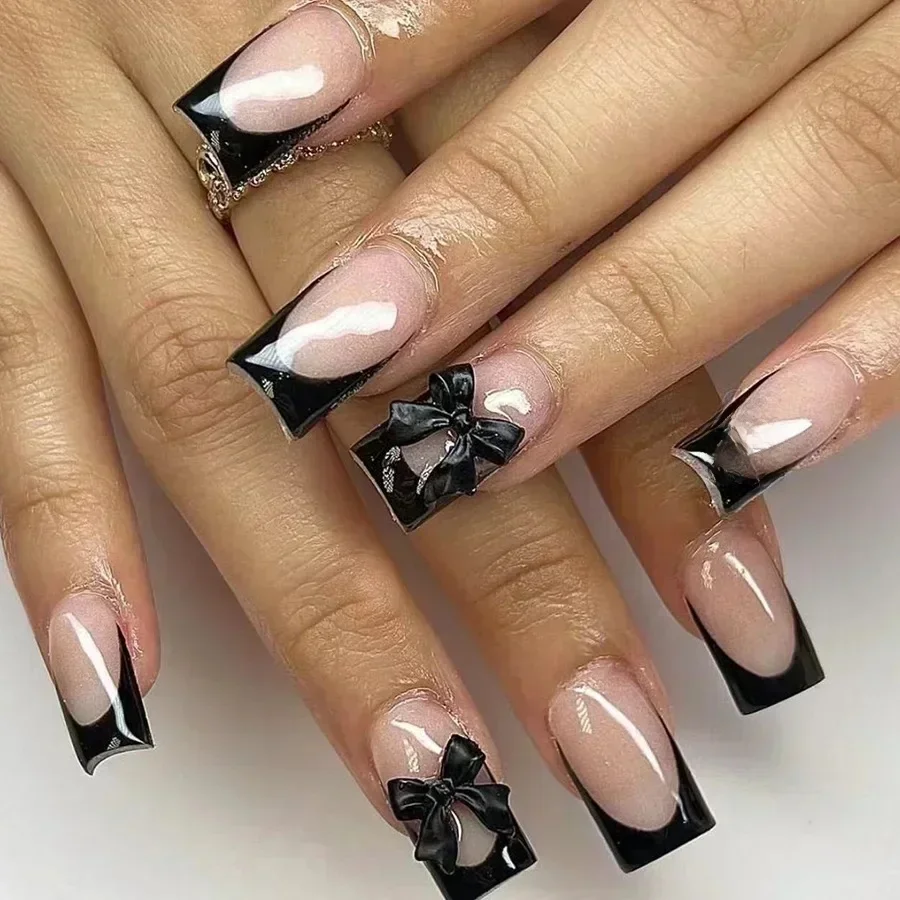 24 pièces presse sur ongles court amande nœud papillon noir presse sur ongles blanc perle douce pointe française presse sur ongles mignon ongles artificiels