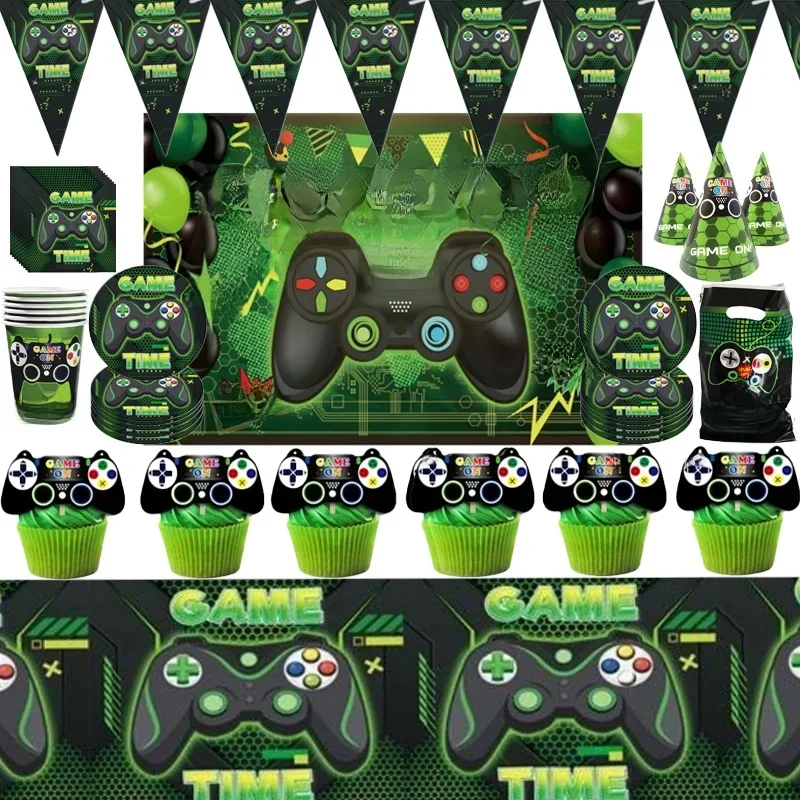 Décor de fête d'anniversaire de jeu vidéo vert, assiette de poulet britannique, sac cadeau, manette de jeu, ballon, contrôleur de jeu pour garçon, fournitures de fête préChristophe