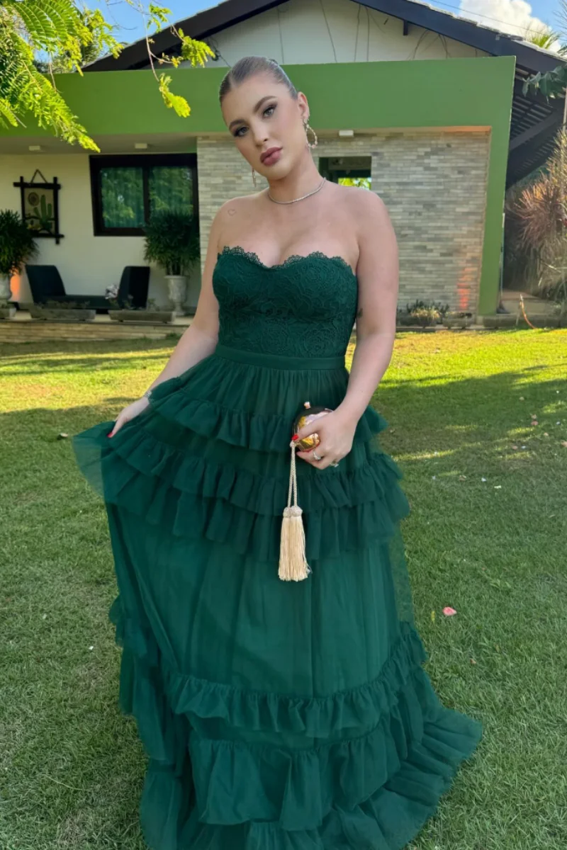 Annie Sexy Off-shoulder Prom Dresses Lace Embroidered Tulle Evening Dresses Green A-shaped Curled Edge Multi-layer Prom Dress