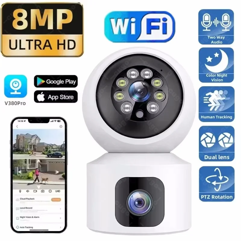 8MP Home Wifi Panorama IP Camera Dual Lens Surveillance Auto Tracking CCTV Color Night Vision Baby Monitor Indoor PTZ Smart Cam