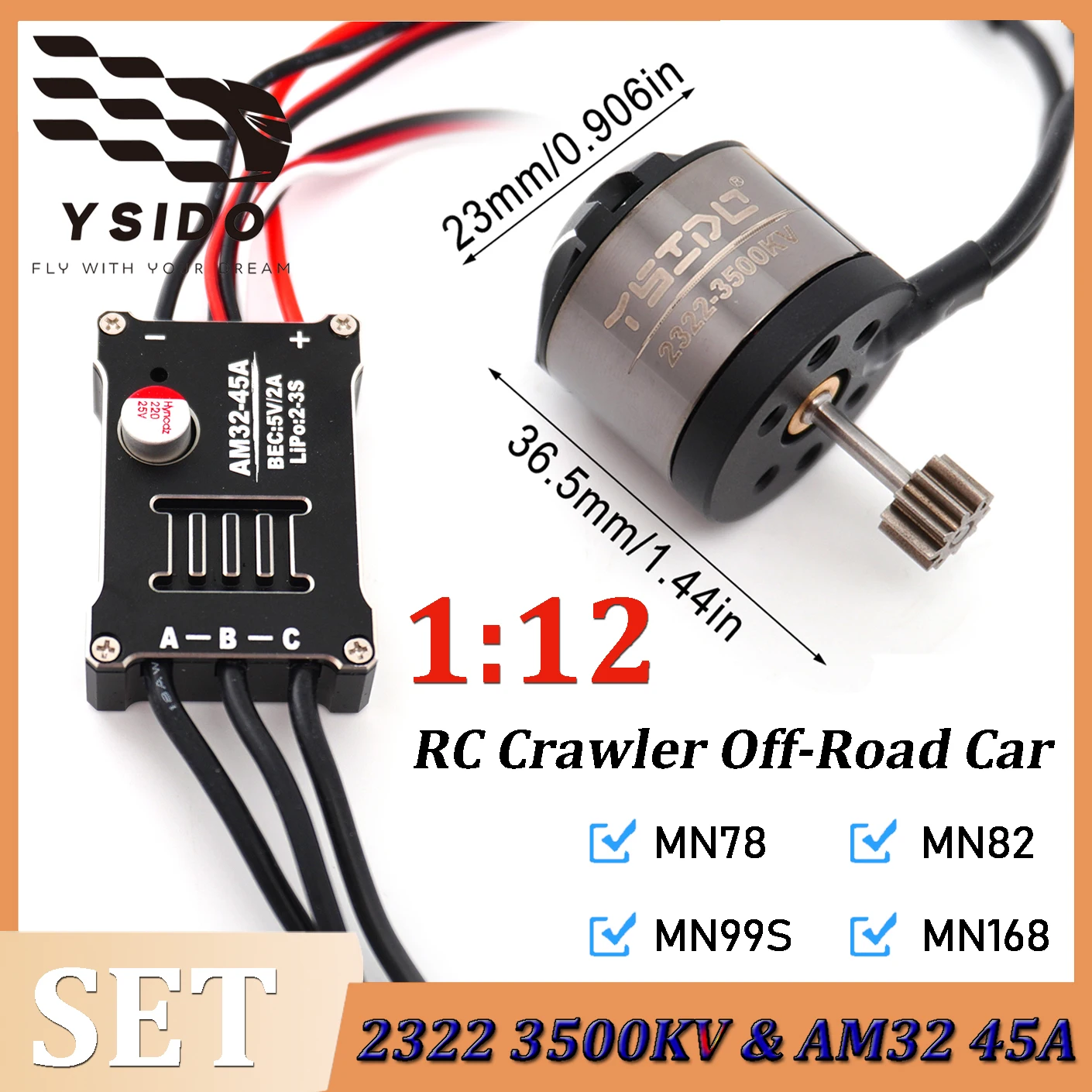 

YSIDO 1:12 RC Crawler Off-Road Car Upgrade Kit Waterproof AM32 45A 2-3S ESC 2322 3500KV Brushless Motor for MN78 MN82 MN99 MN168